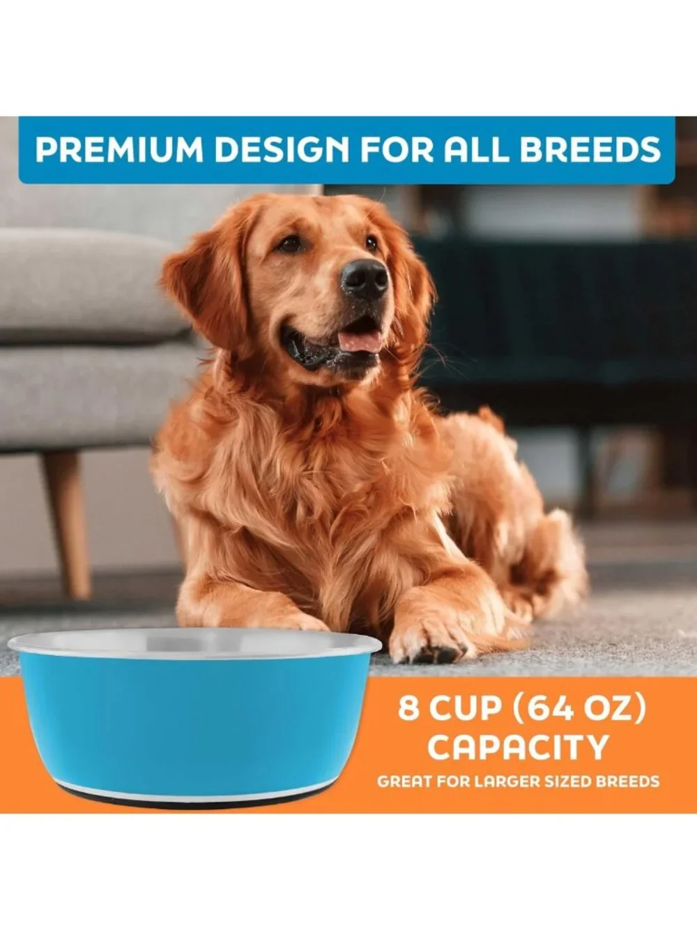 Stainless Steel Dog Bowls Set of 2 - 64 Oz - Durable, Non-Slip, True Blue Color